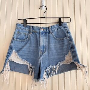 Monokrom Light Wash Distressed High Waisted Denim Shorts Womens Size UK 8 EU 36